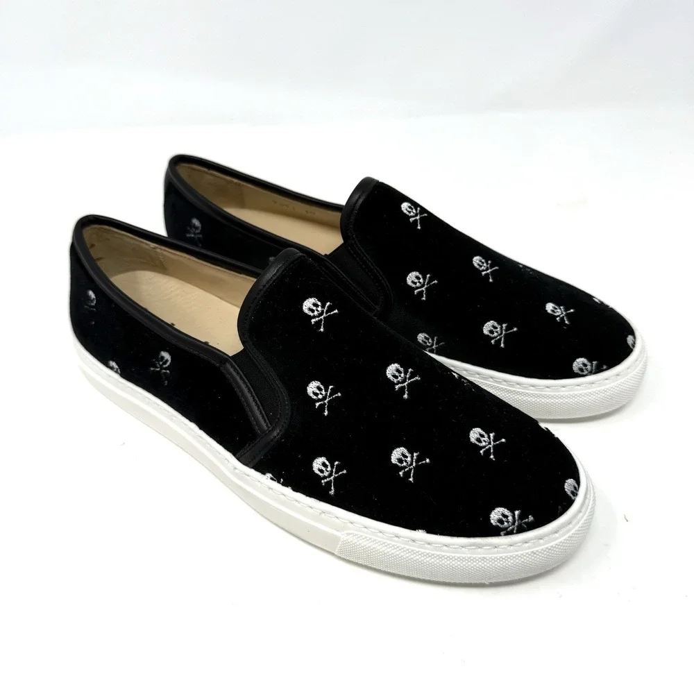 Jon Josef Bari Sneaker Loafer‎ Slip-on Shoe Black Velvet Skull & Crossbones 38 8